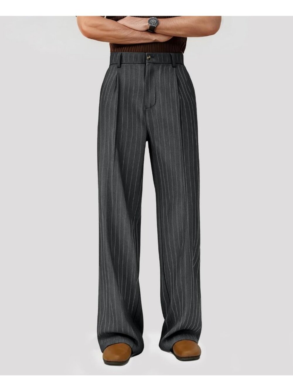 Stylish Men's Pinstripe Wide Leg Baggy Dress Pants | Pleated Loose Fit Trousers - Picture 2 of 7